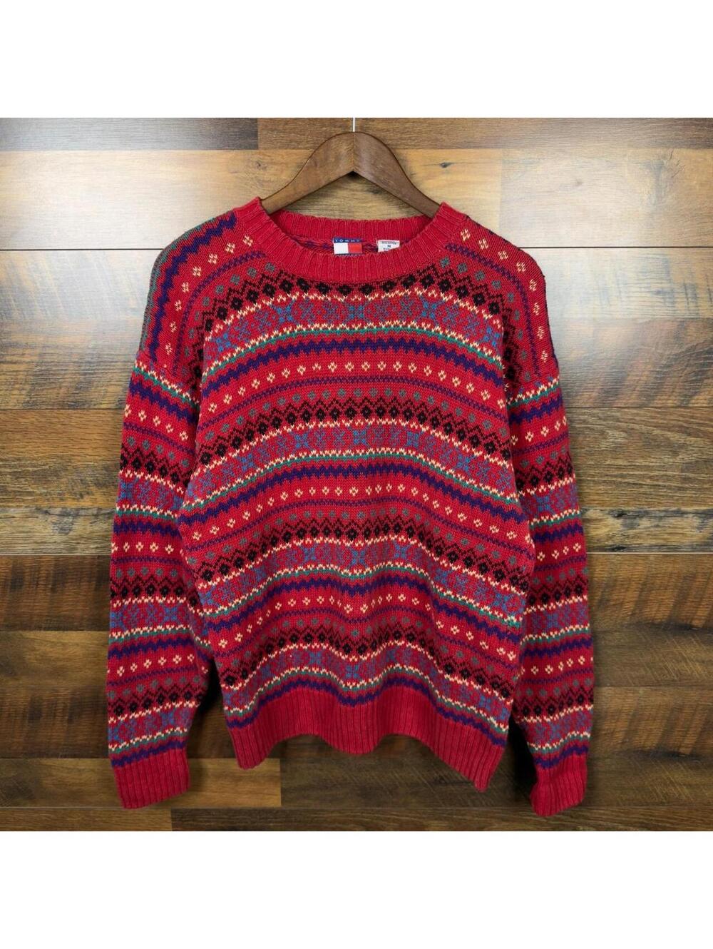 Vintage 90s Tommy Hilfiger Fair Isle Nordic Knit Sweater Medium Red